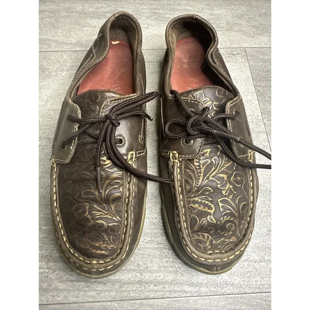 Twisted X Embossed Tooled Leather Driving Loafer Boat Shoes WDM0070 Women 8M